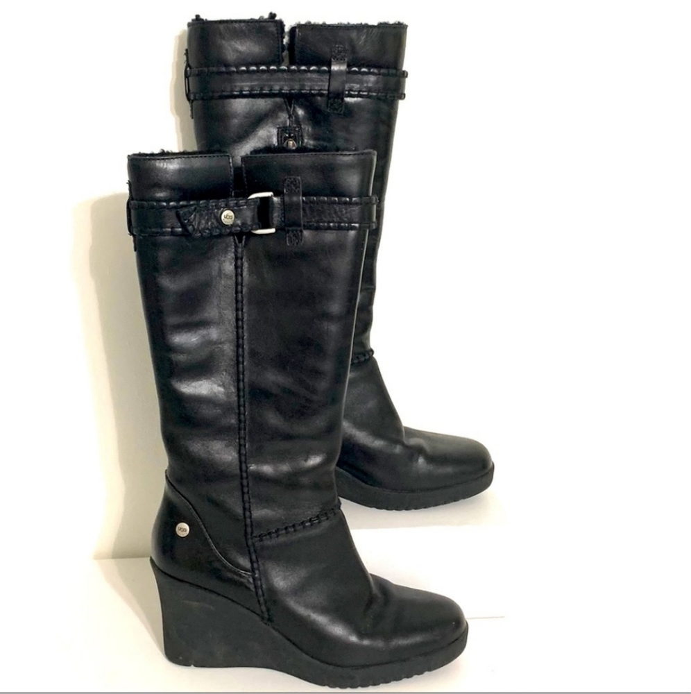 UGG Black Leather Wedge Heeled Boots